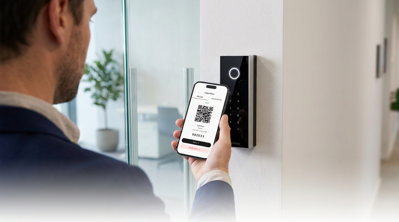 A phone displaying a QR access code