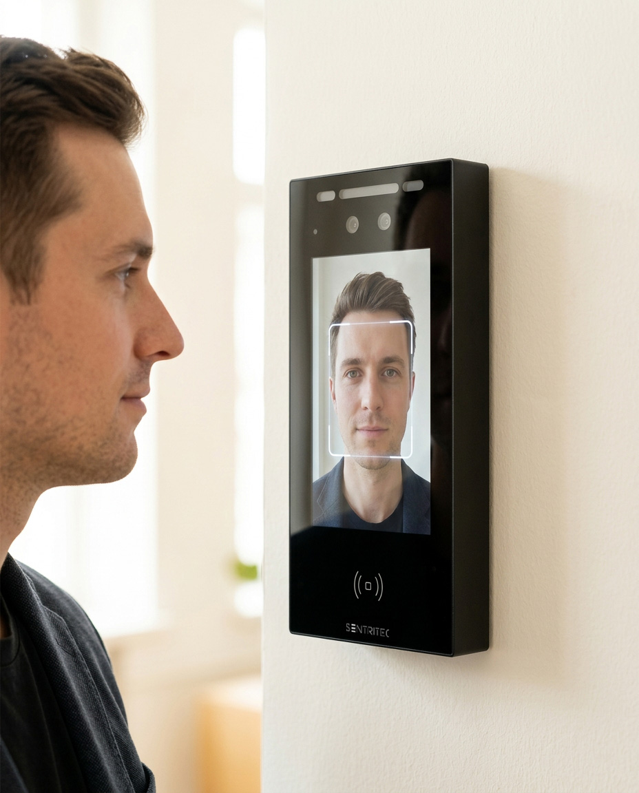 A user's face being recognized for entry
