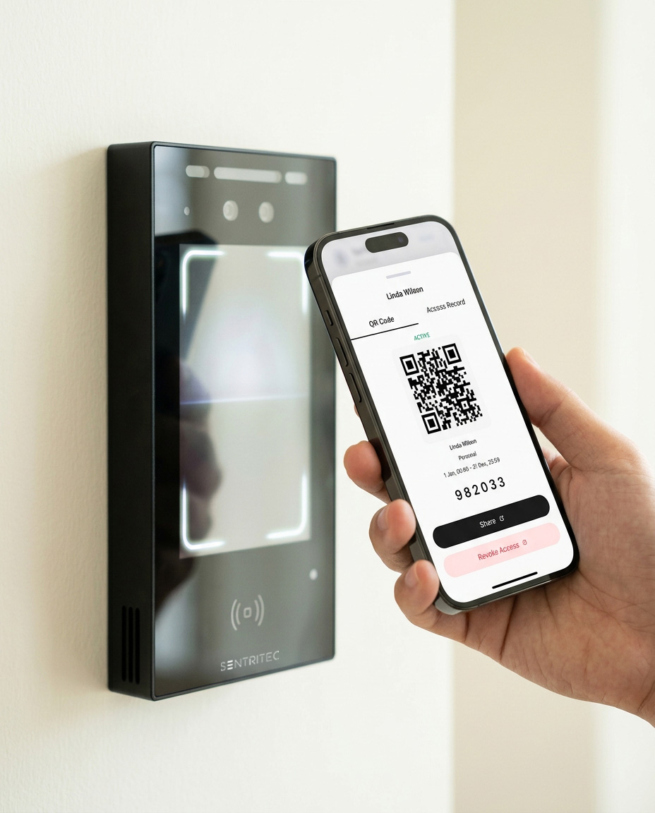 A phone displaying a time-bound QR access code