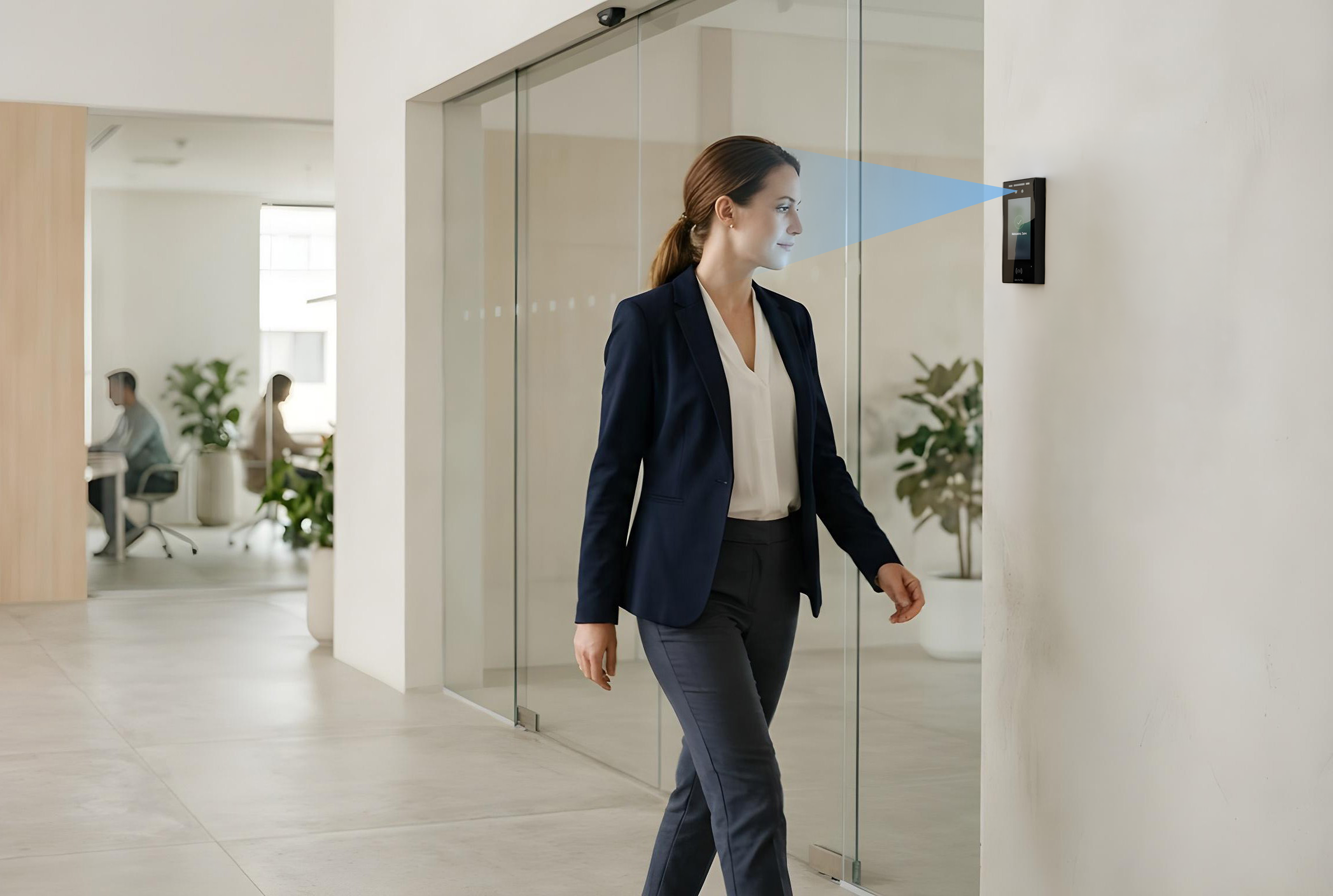 A team moving through a busy office entryway